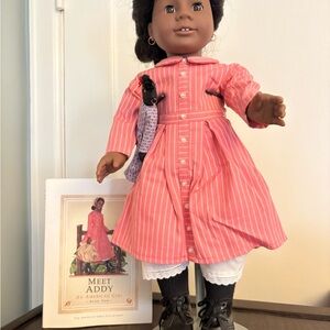 1980s Pleasant Co American Girl Doll Addy in Striped Pink Dress with Black Boots